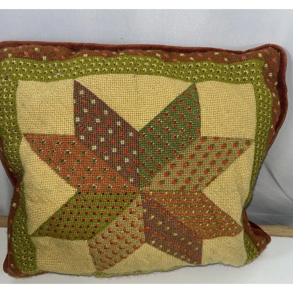 Vintage Needlepoint Decorative Star Pattern Pillow 12x12 1800 Early 1900